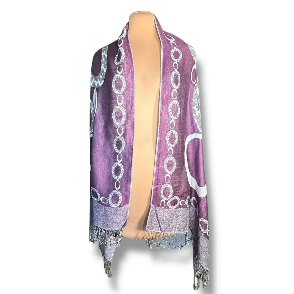 Purple‎ Reversible Geometric Circle Print Fringe Shawl Scarf Wrap Versatile